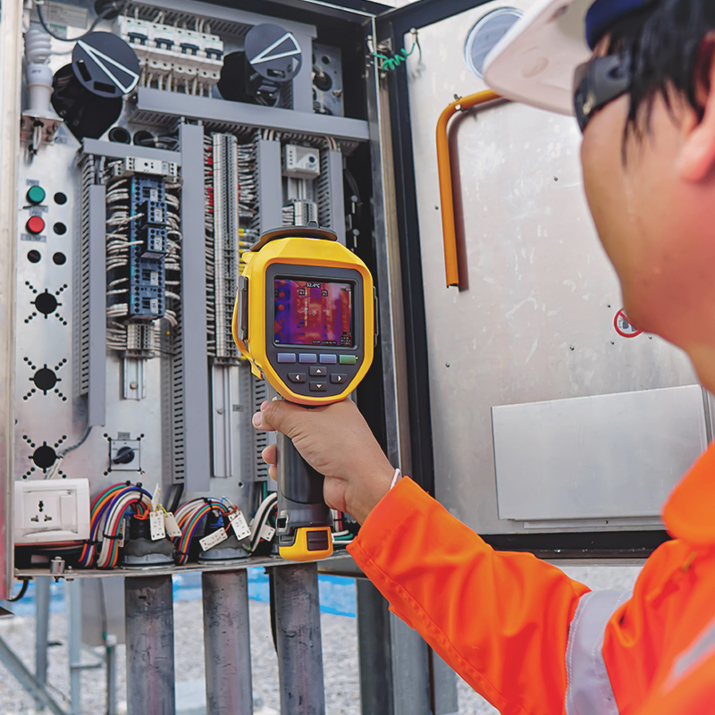 Engineer using a thermal imaging camera to check electrical board