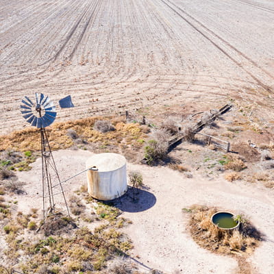 Aerial image of drought-affected farm in Australia