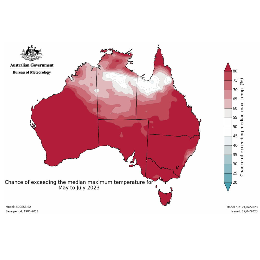 Map of Australia - chance of exceeding median maximum temperature for May to July 2023