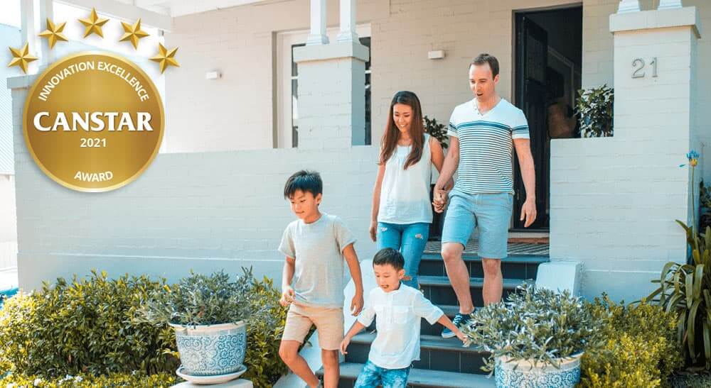 Home insurance banner with Canstar Innovation Excellence Award badge - young family leaving their home