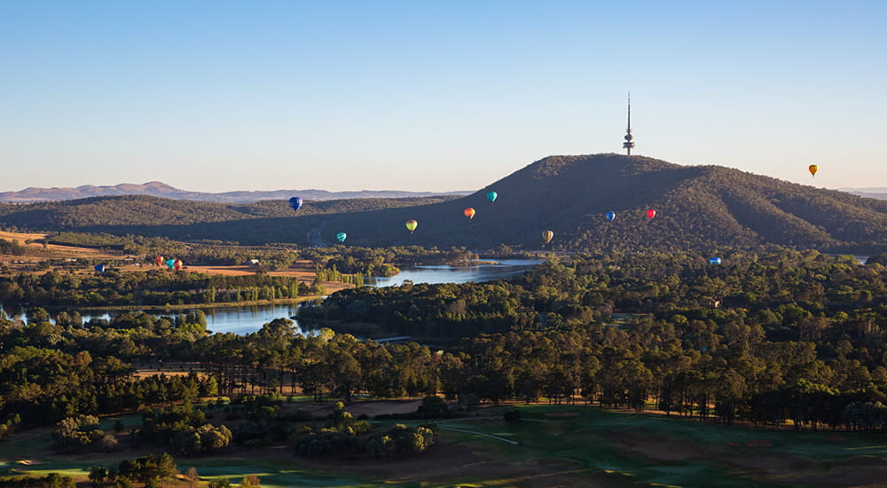 Aerial view from of Lake Burley Griffin and Black Mountain Tower, Canberra, ACT