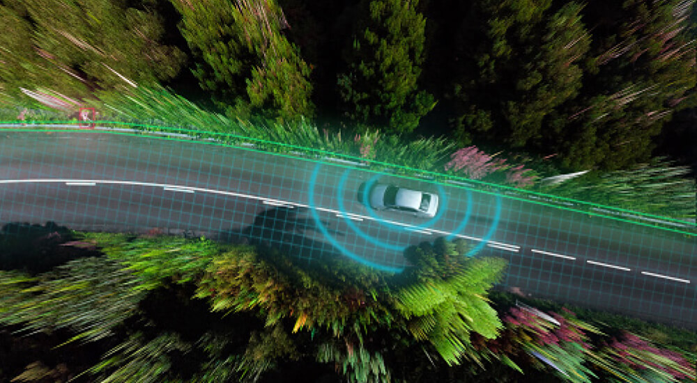 Smart car evaluating the road with sensors and futuristic technology