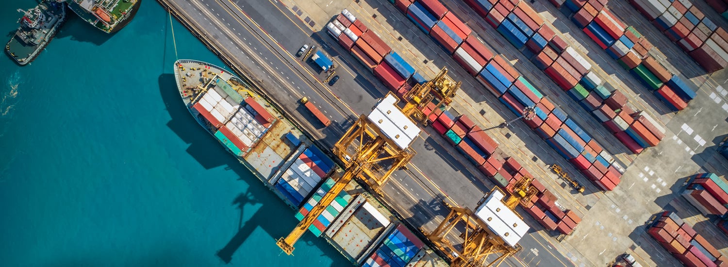 Aerial view of shipping containers at port
