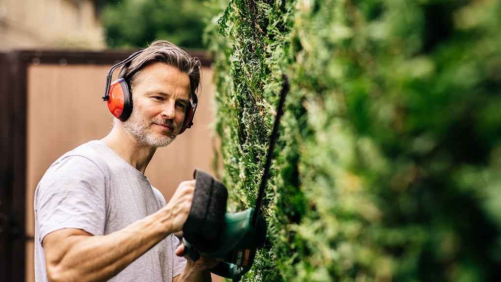 Male landscaper using a hedge trimmer