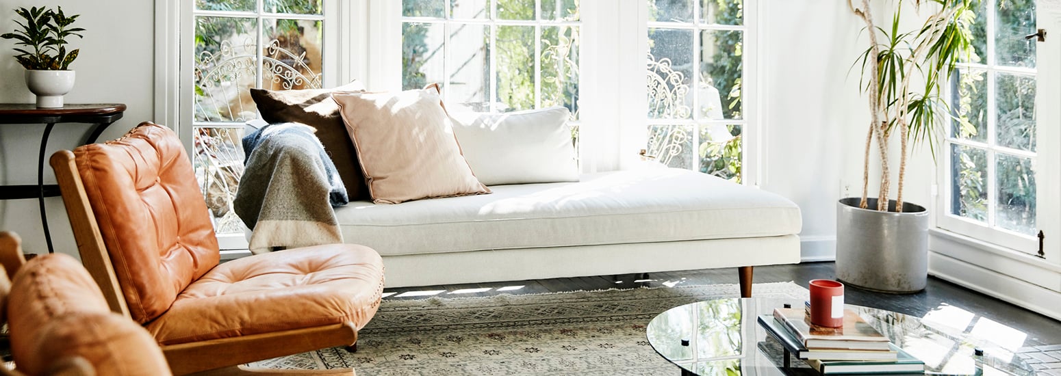 Interior of living room with lounge seating and indoor plants