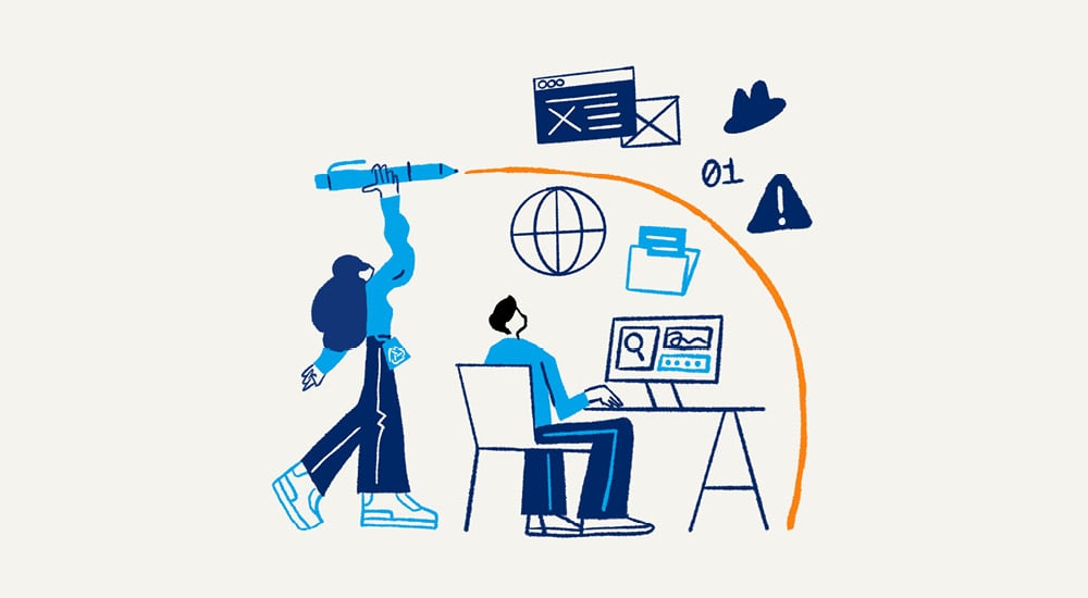 Illustration of people working online, with icons representing email, alerts, files, and global connectivity, highlighting cyber security awareness.