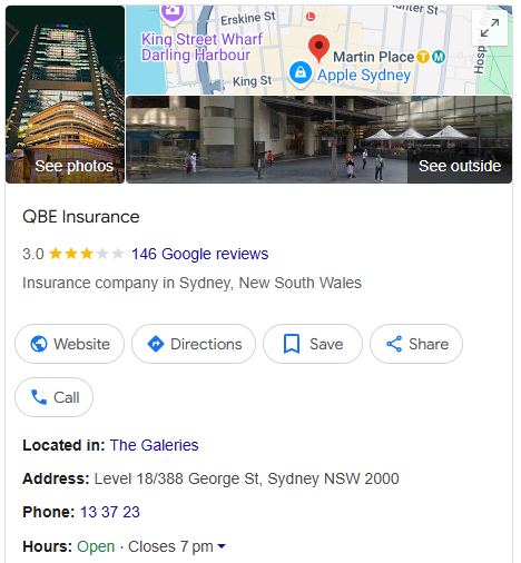 Screenshot of QBE Google business listing
