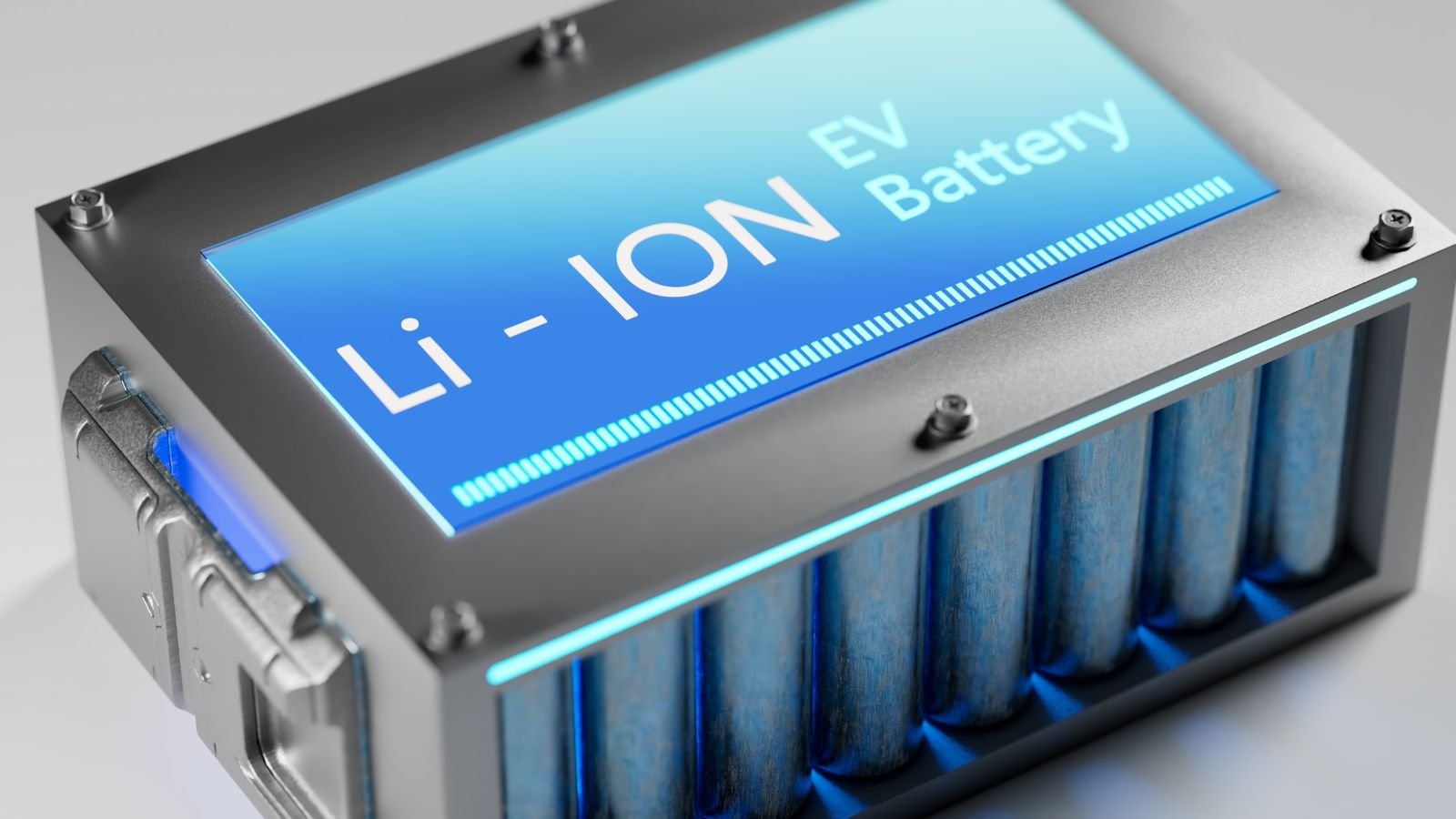Close-up of a rectangular lithium-ion battery pack with a metallic casing and blue LED accents. The top display panel reads “Li-ION EV Battery” in white text on a bright blue background. Cylindrical battery cells are visible inside the casing.