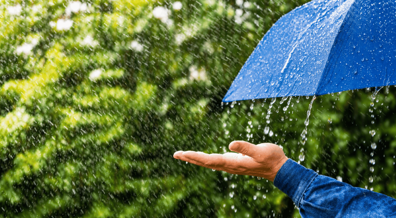A hand held beneath an umbrella during heavy rain, illustrating protection from unexpected events