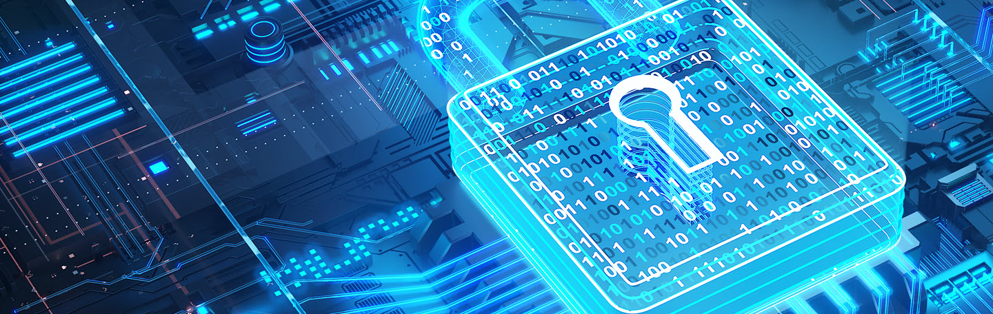 Digital security padlock with encrypted binary code on futuristic circuit board.