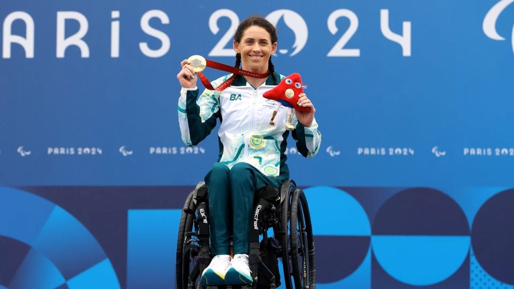 Triathlete Lauren Parker winning a gold medal at the Paris 2025 Paralympics
