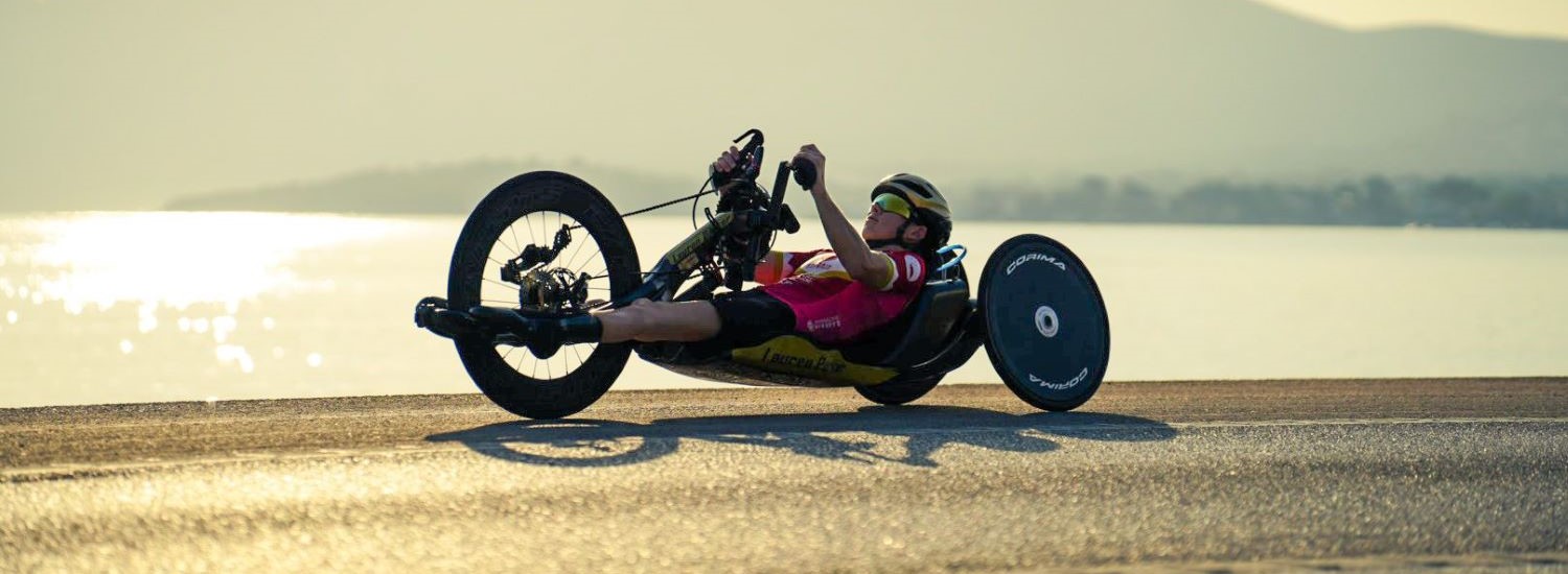 Australian para-triathlete Lauren Parker para-cycling on the road in Mallorca