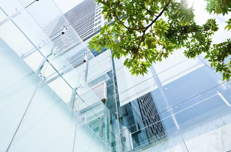 Exterior of aodern office building with glass architecture and green foliage.