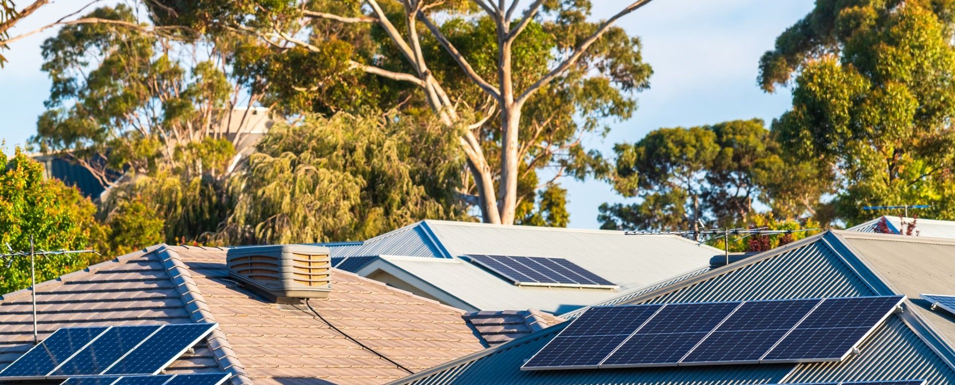 Residential homes with rooftop solar panels in a leafy suburban area.