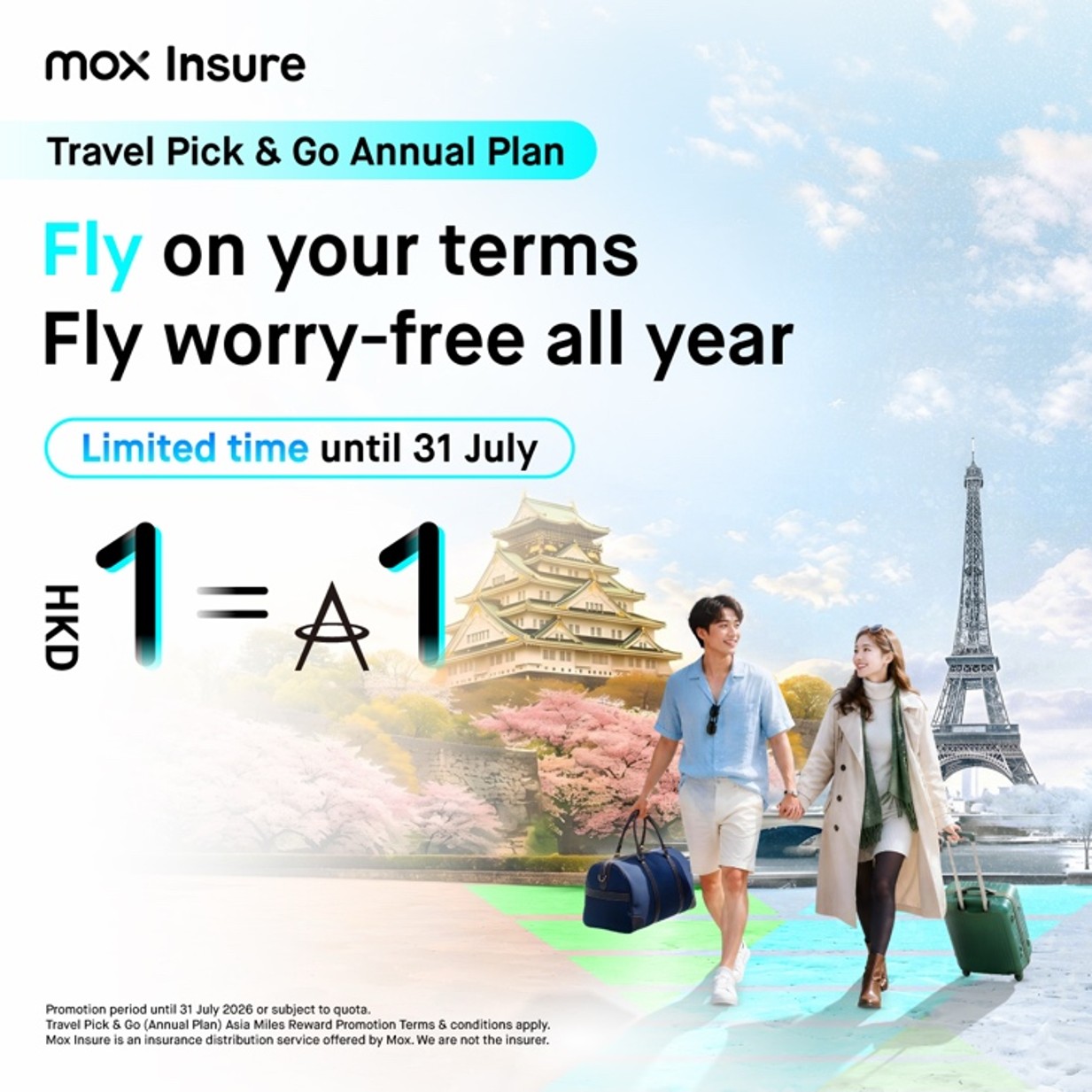 Travel Pick and Go Annual Plan ad, couple travelling in Paris