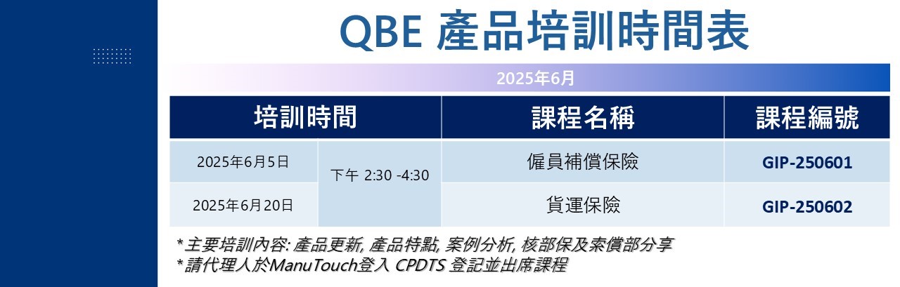 QBE Products' Training Timetable