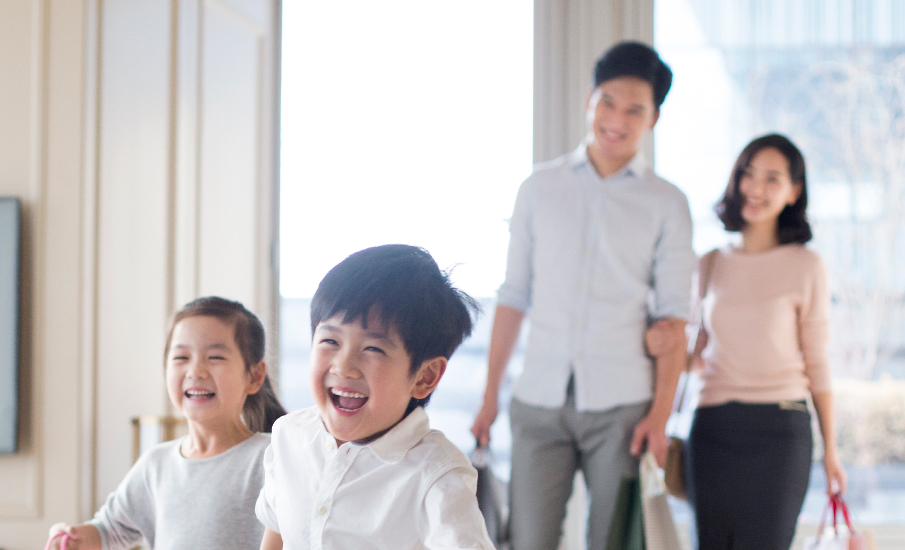 Family running through house