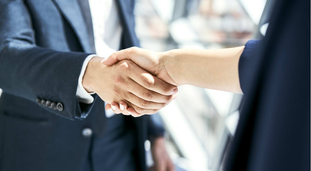 Close-up of handshake of businesswoman and businessman